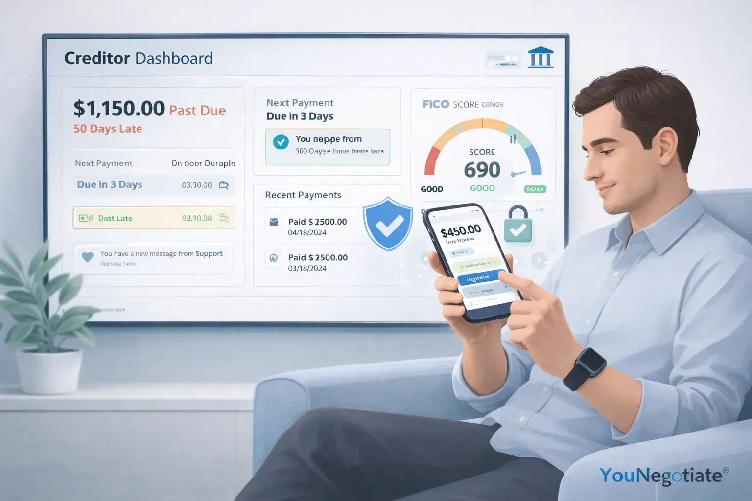 Illustration of a customer reviewing account information on a phone beside a creditor dashboard