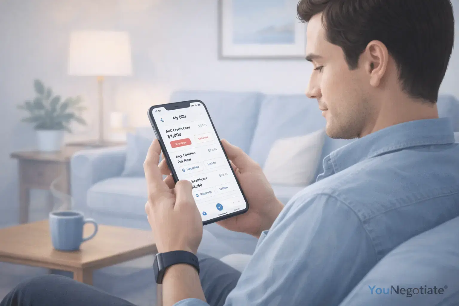 Illustration of a person reviewing bills on a mobile phone