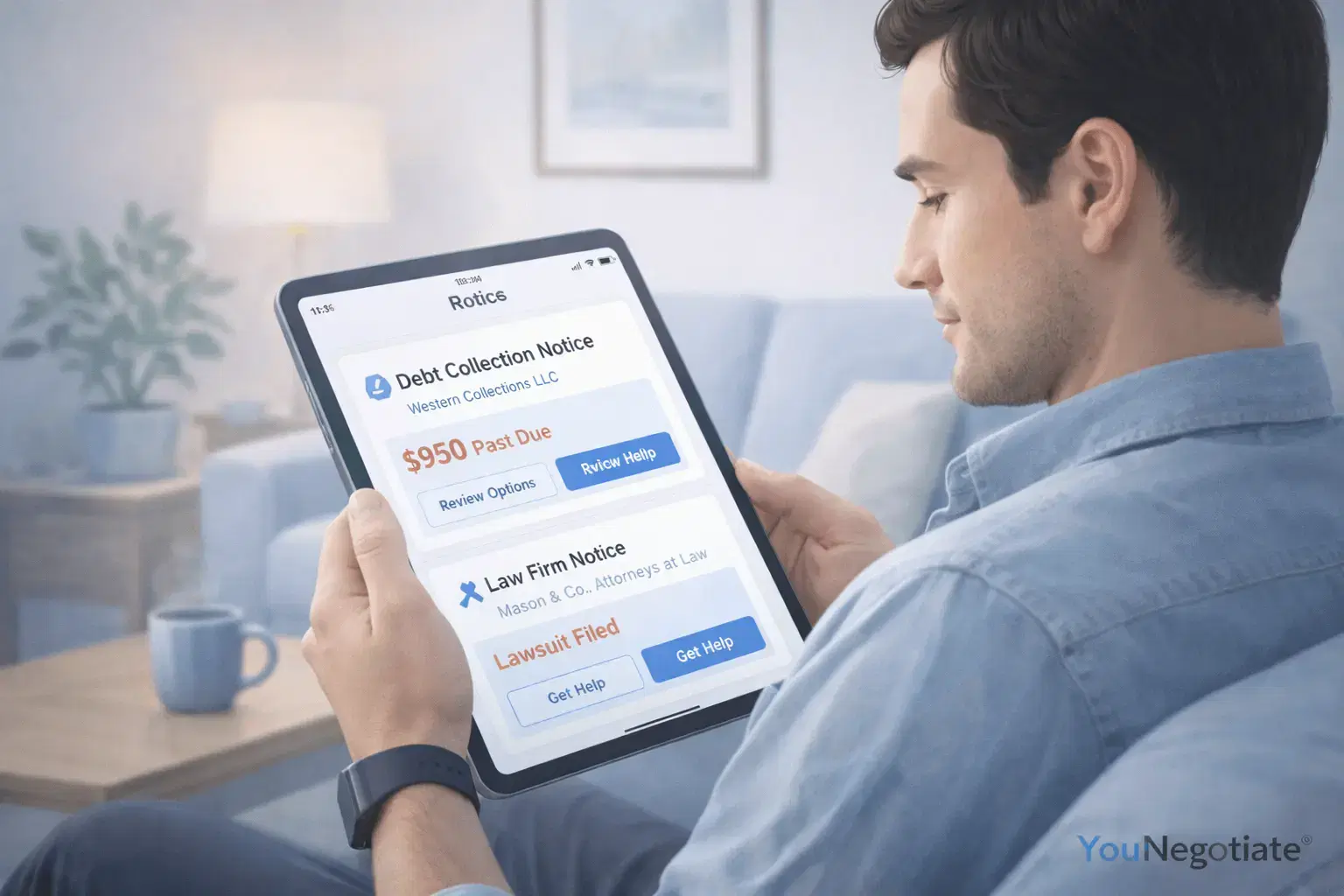 Illustration of a person reviewing a collection notice and response options on a tablet