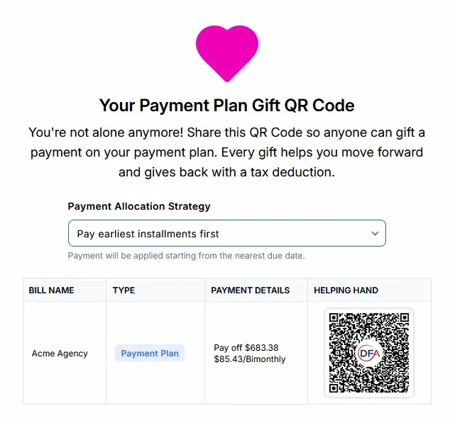 Example payment plan gift QR code and payment allocation options