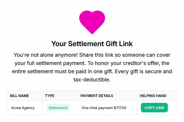 Example settlement gift link with a one-time payment option