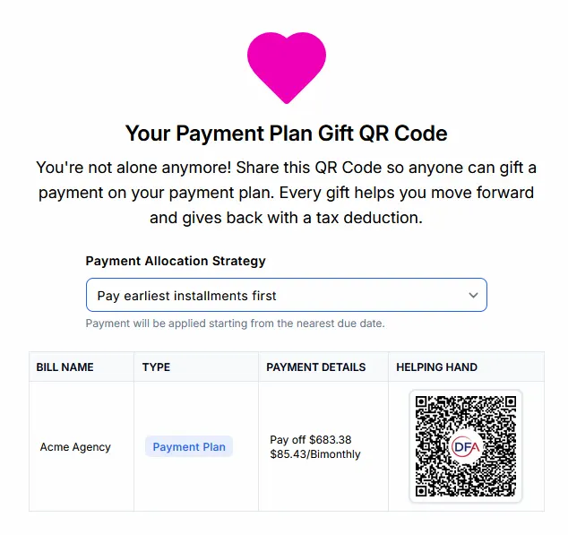 Example payment plan gift QR code and payment allocation options