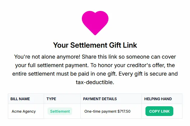 Example settlement gift link with a one-time payment option